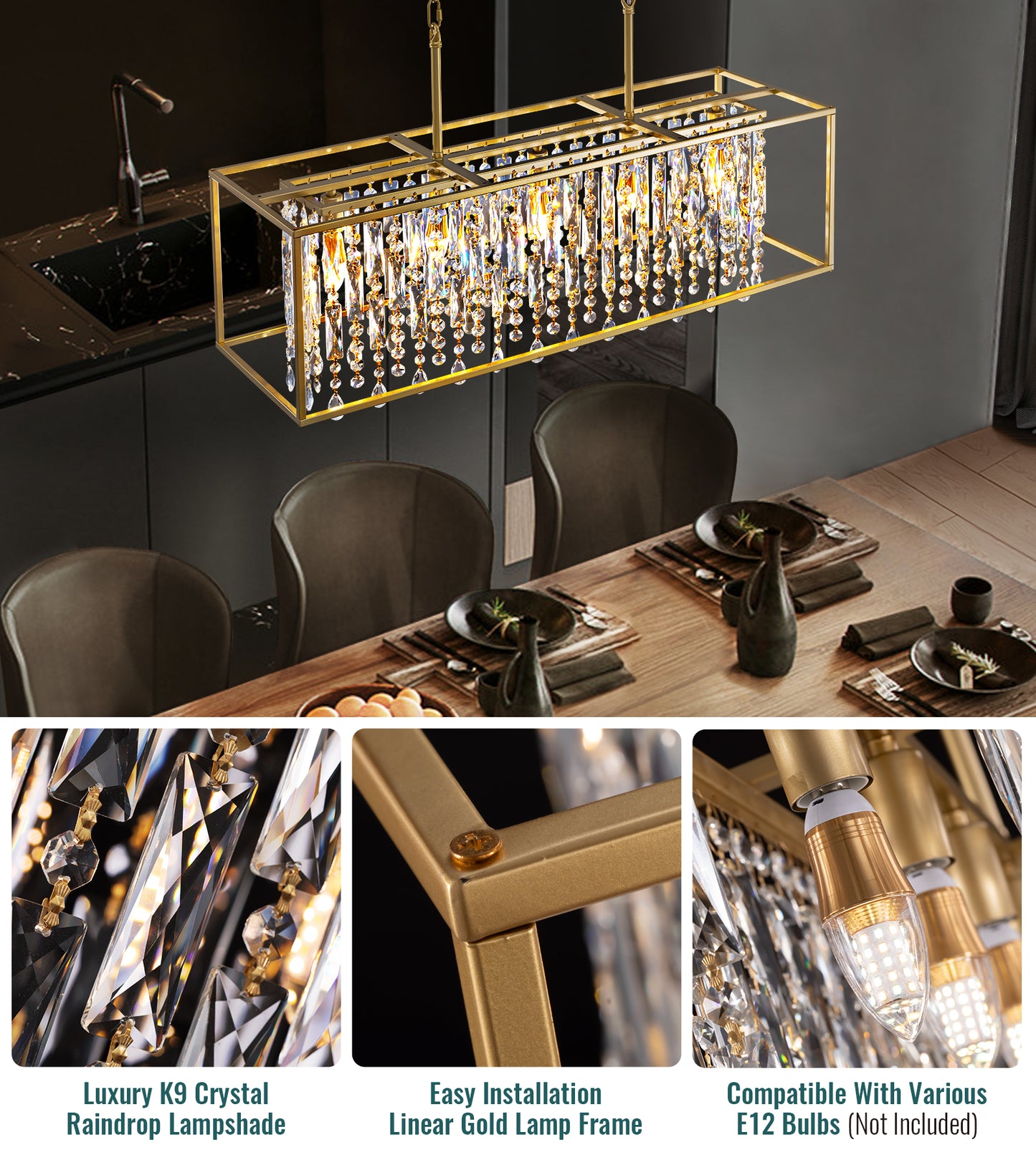 Modern 5 Lights Gold Crystal Chandelier Pendant Light Fixture