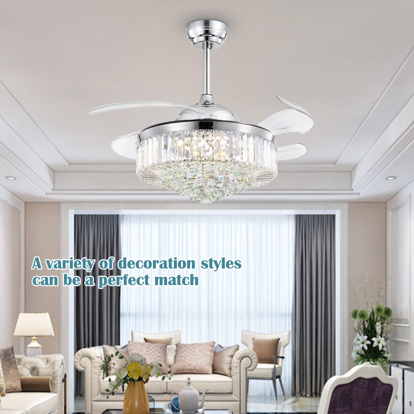 42 Inch Indoor Chrome Smart Retractable Crystal Ceiling Fan with Dimmable LED Light Included with Remote & App Control