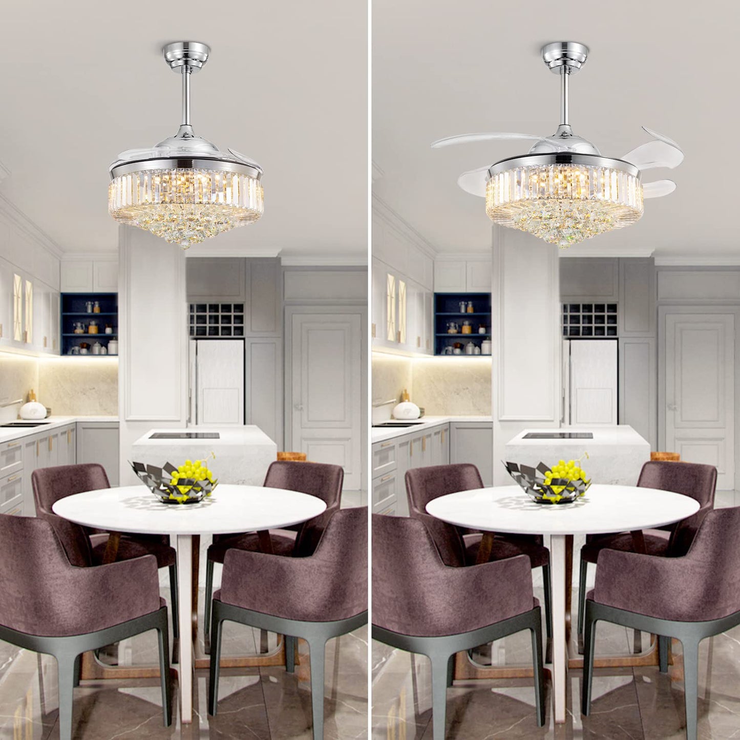 42 Inch Indoor Chrome Smart Retractable Crystal Ceiling Fan with Dimmable LED Light Included with Remote & App Control