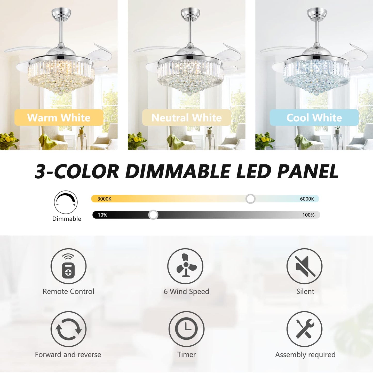 42 Inch Indoor Chrome Smart Retractable Crystal Ceiling Fan with Dimmable LED Light Included with Remote & App Control