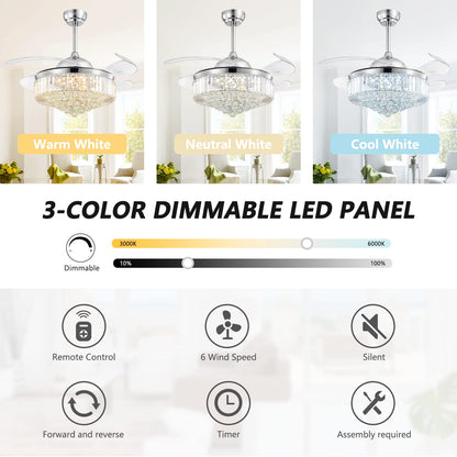 42 Inch Indoor Chrome Smart Retractable Crystal Ceiling Fan with Dimmable LED Light Included with Remote & App Control