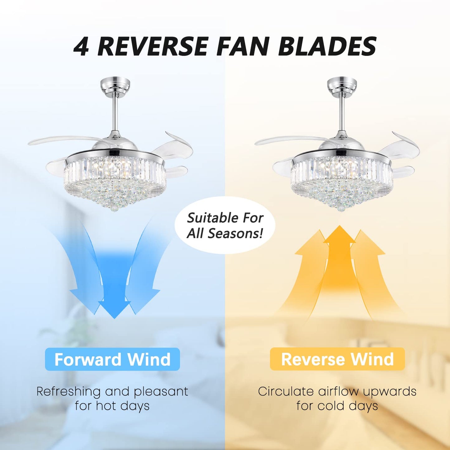 42 Inch Indoor Chrome Smart Retractable Crystal Ceiling Fan with Dimmable LED Light Included with Remote & App Control