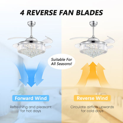 42 Inch Indoor Chrome Smart Retractable Crystal Ceiling Fan with Dimmable LED Light Included with Remote & App Control