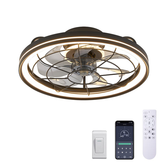 Modern 19 Inch Smart Indoor Black Low Profile Caged Ceiling Fan with LED Light with Remote Included