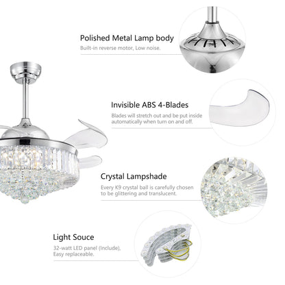 42 Inch Indoor Chrome Smart Retractable Crystal Ceiling Fan with Dimmable LED Light Included with Remote & App Control