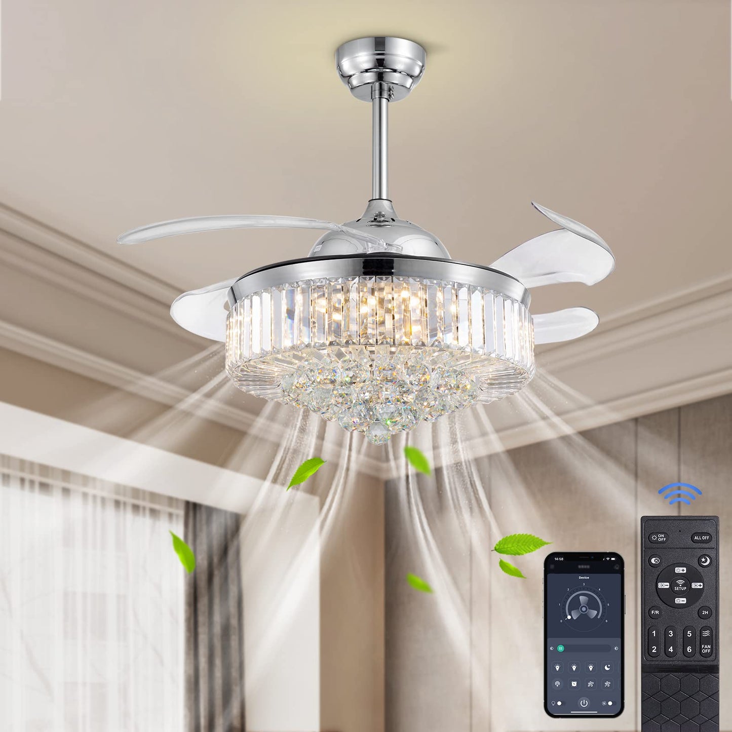 42 Inch Indoor Chrome Smart Retractable Crystal Ceiling Fan with Dimmable LED Light Included with Remote & App Control