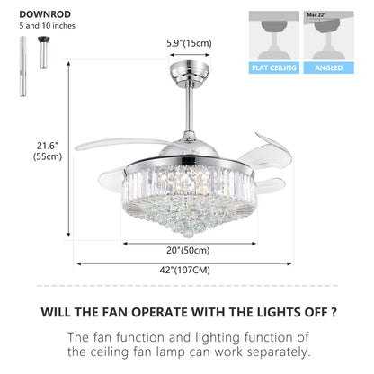 42 Inch Indoor Chrome Smart Retractable Crystal Ceiling Fan with Dimmable LED Light Included with Remote & App Control
